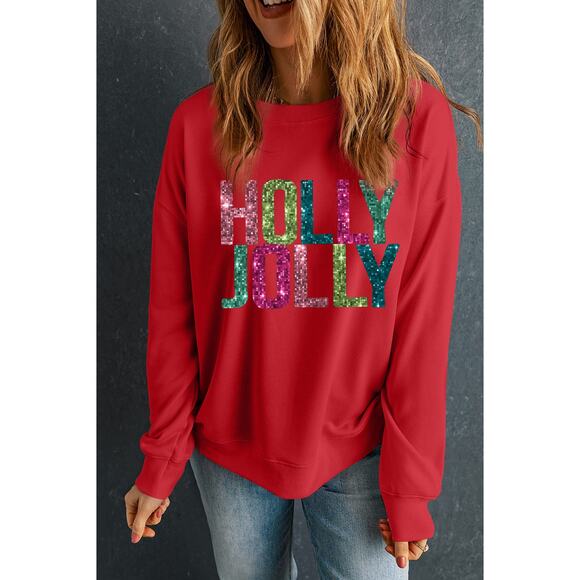 Red HOLLY JOLLY Printing Christmas Pullover Sweatshirt - Picture 4 of 8